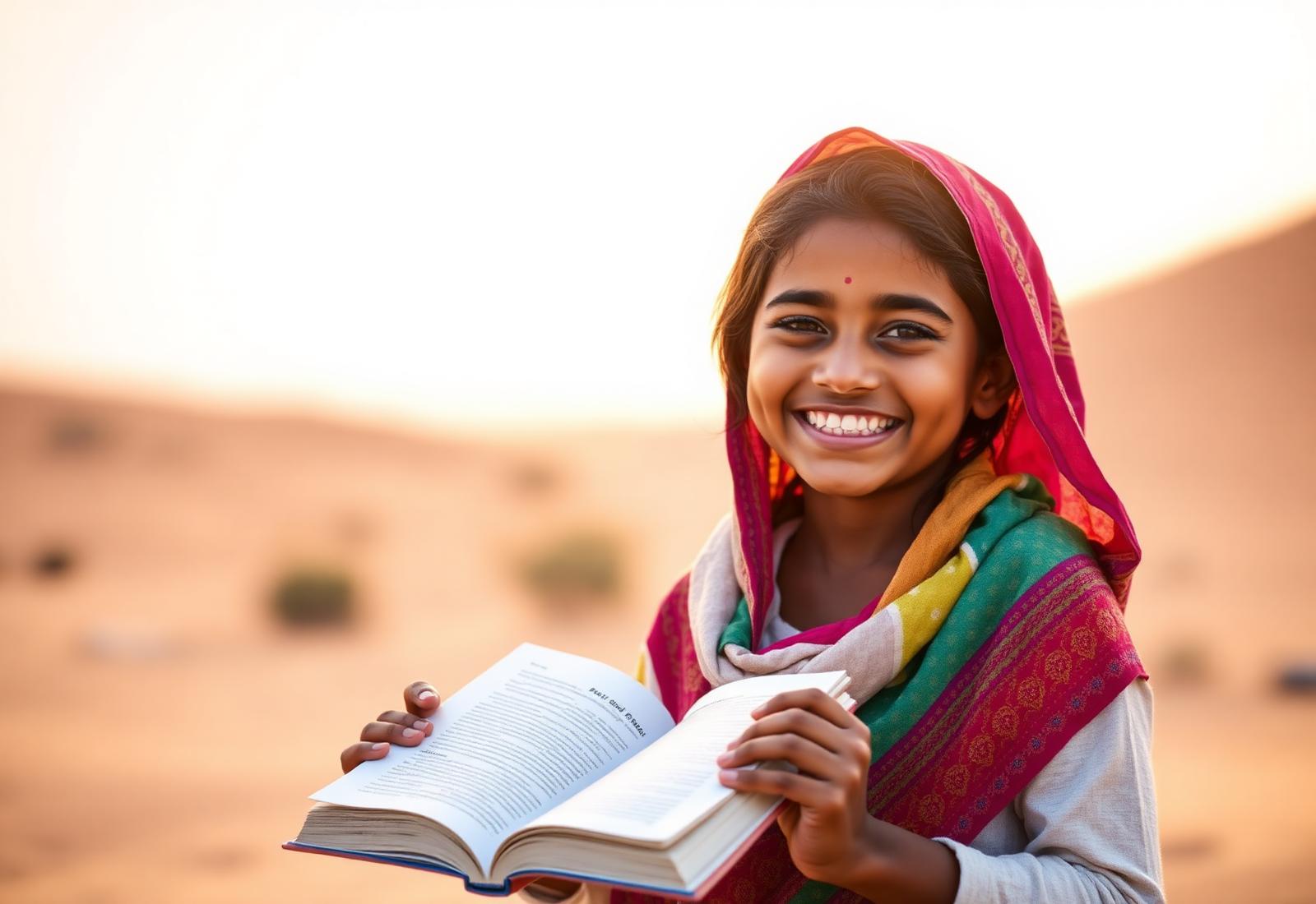 A smiling child in the Sindh desert holding a book